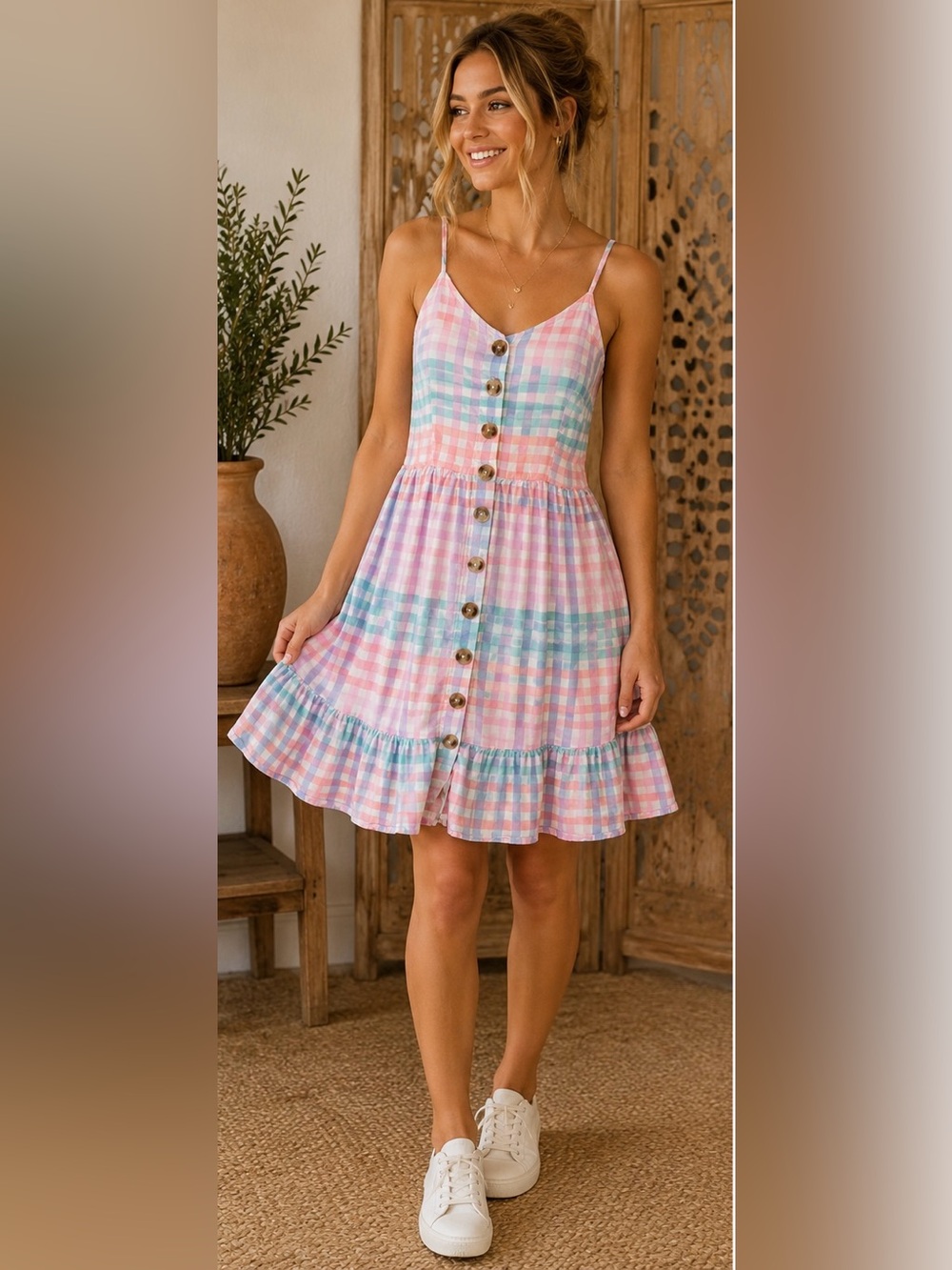 Japna Pastel Plaid Button Front Cotton Sundress Mini Dress Cottagecore